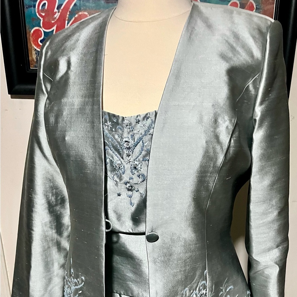 La Belle Silver Embroidered Mother of the Bride or Groom Dress and Jacket. Silk